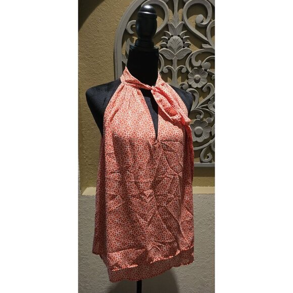 Banana Republic Size L Orange & White Keyhole Floral Halter Blouse - Picture 2 of 7